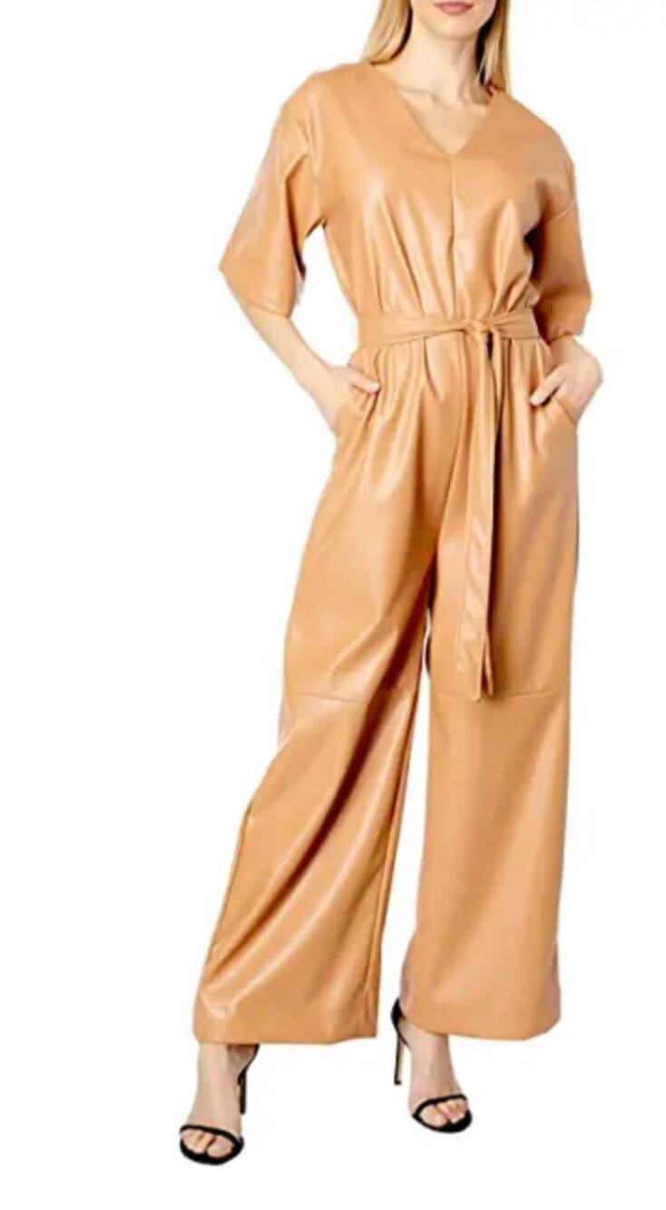 H Halston faux leather v neck belted One Piece Jumpsuit in Tan M